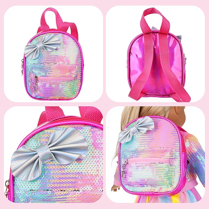 UNICORN ELEMENT American 18 Inch Doll Makeup Accessories and Clothes,Sequin Backpack Set for 18" Dolls Include Skirt Bracelet Hair Clip Phone and Makeup Sets(No Doll and Shoes