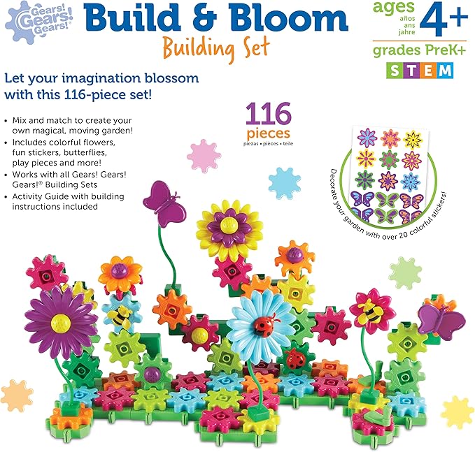 Learning Resources Gears! Gears! Gears! Build & Bloom Building Set - 116 Pieces, Ages 4+ Preschool Learning Toys, Gears for Kids, STEM Toys