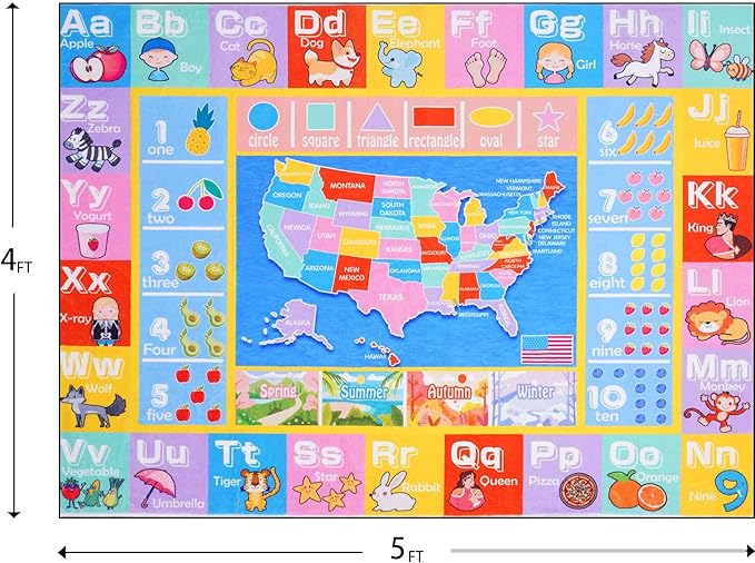 Kids Rugs for Playroom - Soft & Non-Slip 4x5 Feet Educational Rug for Learning ABC Alphabet, Numbers, Shapes & Map, Washable Classroom Rug for Toddler Nursery & Kids Room Decor