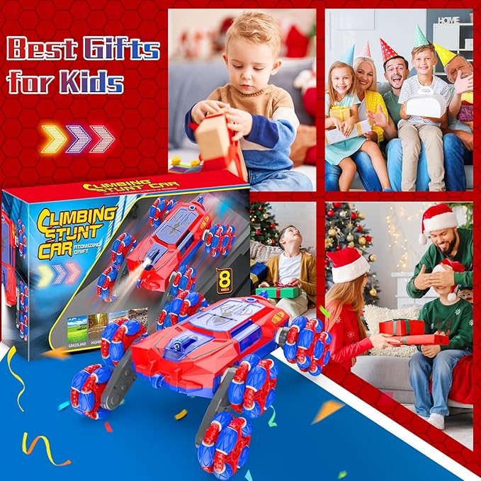 Remote Control Cars for Boys Gifts: Spider RC Cars Toys for Ages 6 7 8 9 10 11 12 13 Years Old - 2.4GHz 8WD Wall Climbing Remote Control Car for Kids Gesture Sensing RC Stunt Car with Light & Music