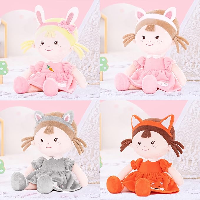Onetoo First Baby Doll Plush Rag Dolls Sleeping Cuddle Buddy Dolls Soft Baby Doll for Girls Wear Fox Costume Reddish Brown Dress14(Milly Series)
