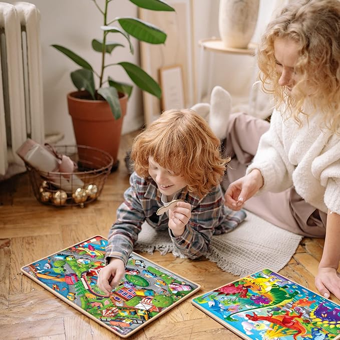 QUOKKA Wooden Puzzles for Kids Ages 4-6 – 4 x 60 Piece Kids Puzzles Ages 4-8-10 Year Olds by QUOKKA - Jigsaw Learning Game with Animals Dinosaurs City for 3-5 yo Wood Toys for Boys and Girls