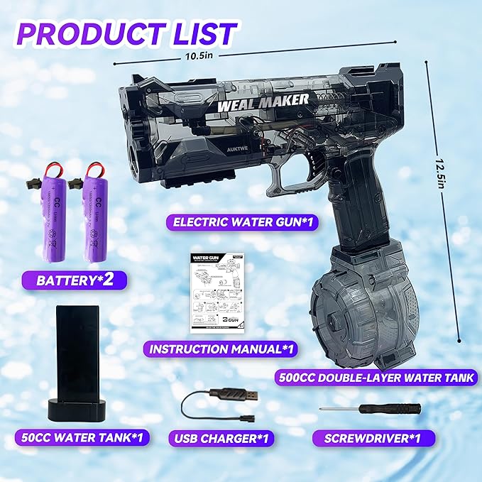 2025 Upgraded Electric Water Gun – Automatic Squirt Gun with 500CC Tank, 28FT Long Range, Dual Rechargeable Batteries, Waterproof Design, Ideal for Kids & Adults Summer Pool Fun