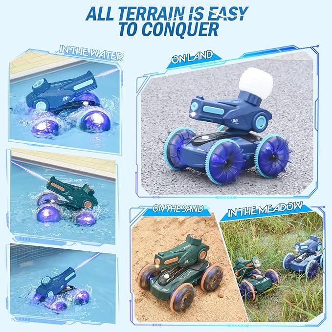 3-in-1 Remote Control Car, RC Boat & Water Gun - Amphibious RC Car for Land & Water, Adjustable Speed, Waterproof, Perfect Boys Toys 4-12 Years Old boy Gifts for Pool Beach, Summer Fun-Green
