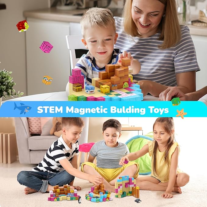 Magnetic Blocks 110PCS with 6 Animal Toys, Ocean Building Blocks Set, Toys for Boys & Girls Age 6-8, STEM Montessori Stacking Building for Toddlers Sensory for Kids 6+