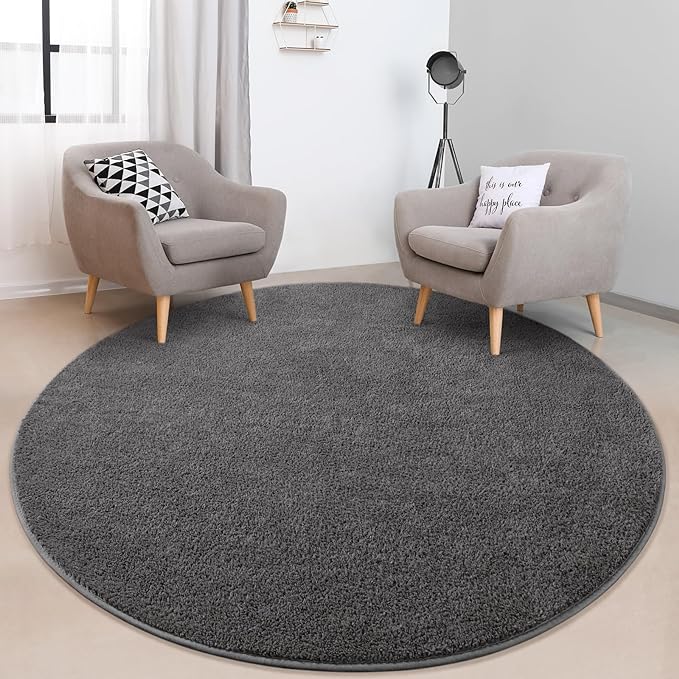 FlyDOIT Round Area Rugs for Bedroom Living Room, 6x6 Dark Grey Super Soft Comfy Thickened Memory-Foam Indoor Circle Carpet, Modern Aesthetic Minimalist Carpet for Boys Girls Adults Nursery Home Décor