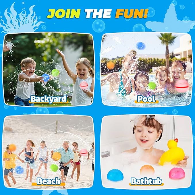 Reusable Water Balloons with Mesh Bag, Latex-Free Silicone Quick Self-Sealing Water Splash Bomb for Kids Adults Water Game, Bath Toy, Pool Toy, Summer Party Supplies (12PCS)