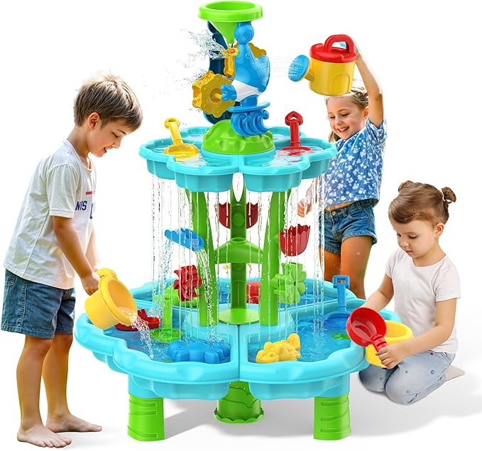 Kids Flower Water Sand Table for Toddlers - 2-Tier Outdoor Water Sand Play Table Toys for Boys Girls, Summer Splash Activity Sensory Table Party Birthday Gift for Kids 3-5 6-12