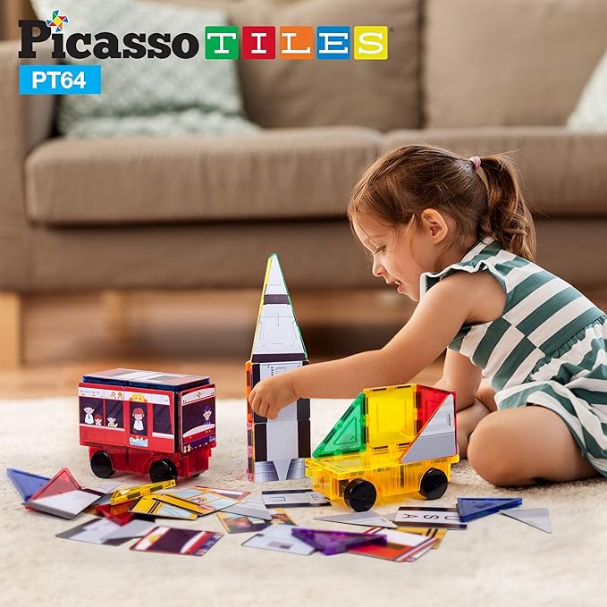 PicassoTiles Magnet Building Blocks STEM Learning Construction Toy Set Early Education Kit 3-in-1 Rocket, School Bus, Train Theme Stick-On Puzzle Pretend Play Magnetic Tiles Kids Building Block Toys