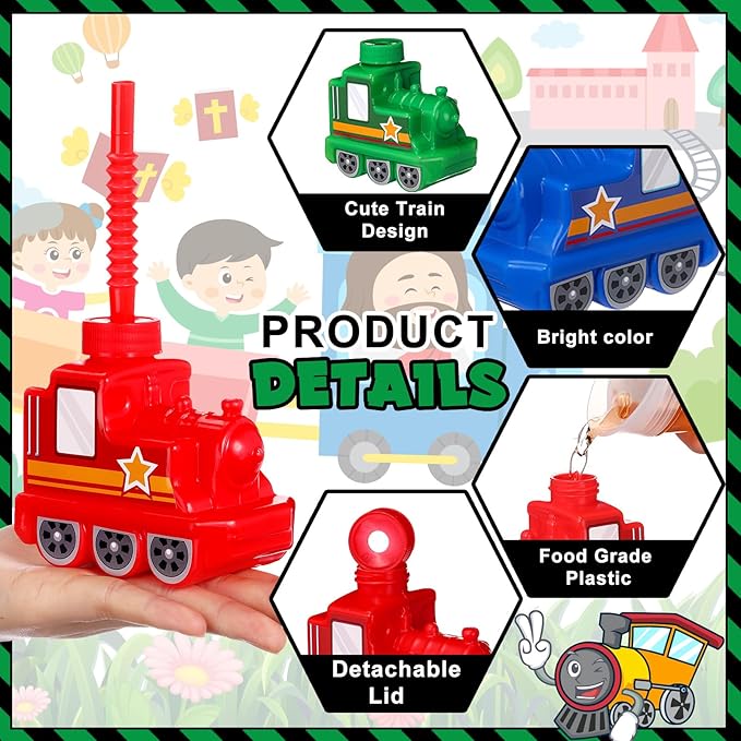 Tanlade 24 Sets 10 oz Plastic Train Shape Cup Traffic Vehicle Party Favor Supplies Train Cups with Straws, Reusable Vehicle Plastic Cups Bulk Birthday Party Favor