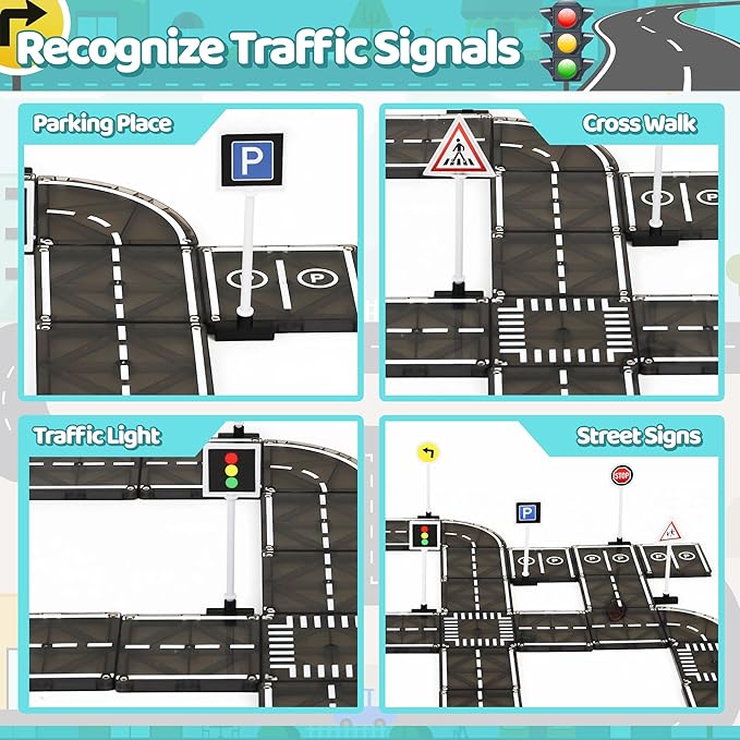 Playmags Magnetic Tiles Road Set - 50 Pcs STEM Educational Construction Toy Car Track, Building Blocks Magnet Toys for Toddlers, Safe for Ages 3+