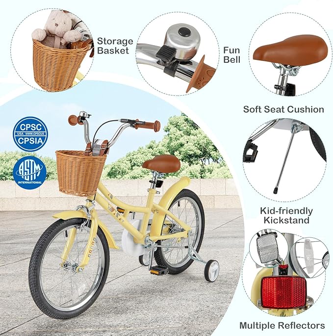 BABY JOY Retro Kids Bike, 12 14 16 18 Inch Child Bike for 3-8 Years Old w/Rattan Basket, Adjustable Height, Training Wheels, Fenders, Handbrake Coaster Brake, 95% Pre-Assembled Kids Bicycle for Girls