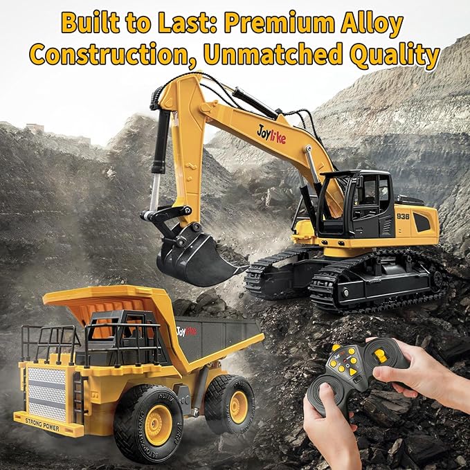 RC Excavator and Dump Truck Toy Set,2.4Ghz Metal Remote Control Construction Vehicle with Light&Sound, Best Christmas Toy for Boys 8+Year Old Kid