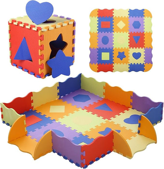Foam Play Mat for Kids,25Pcs Square Interlocking Puzzle Floor Mat,Baby Play Mat Floor Mat Foam Puzzle Playmat for Toddlers with Fence(Shape-CSH028
