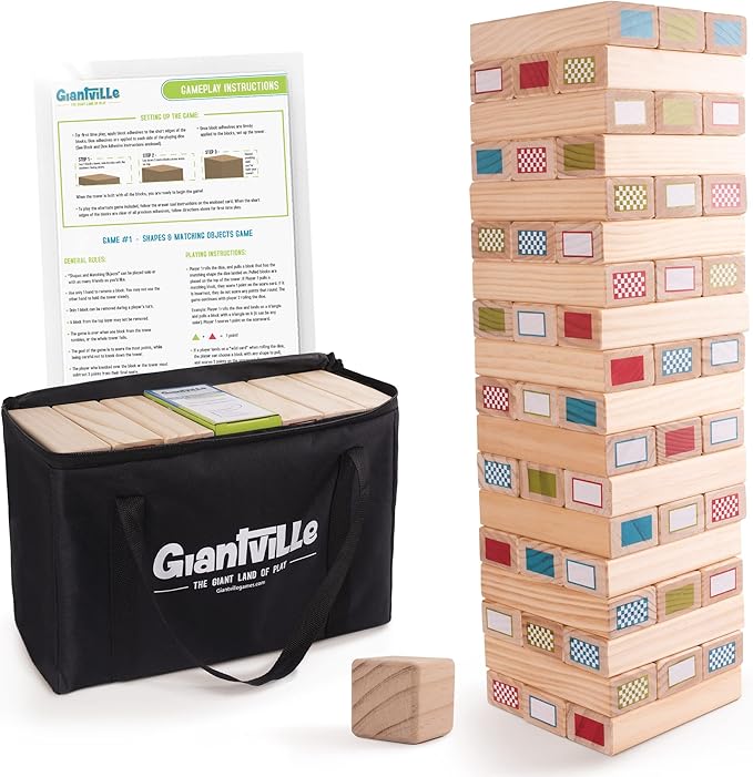 Giantville Giant Tumbling Timber Toy - Premium Pine Wood Life-Size Blocks Tower - Big Floor/Board Indoor/Outdoor Yard Game for Kids & Adults - 54-Blocks + Storage/Carry Bag - Grows Almost 4-Feet