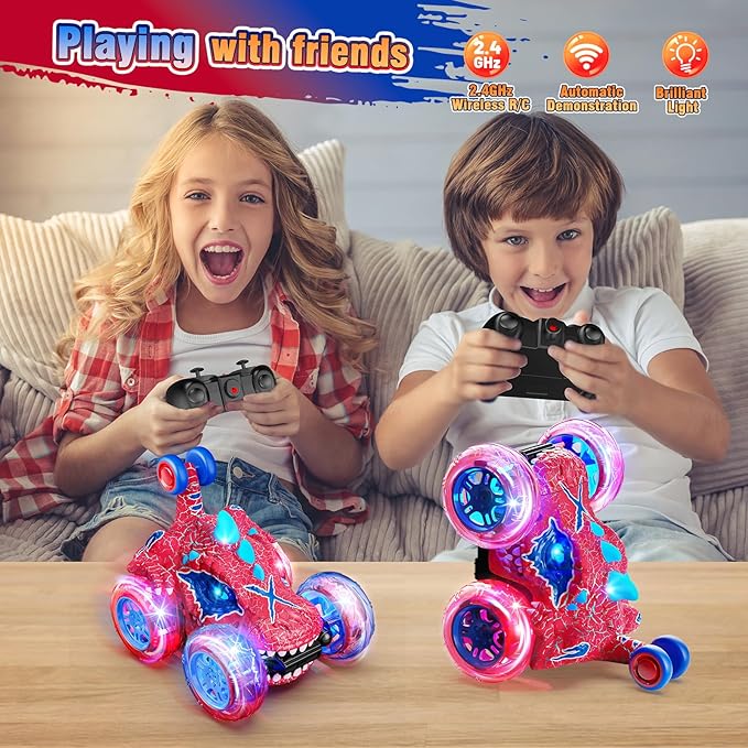 Carsky Remote Control Car RC Cars for Boy 360°Stunt Rotation 4WD Remote Cars for Kids 3-6 Double Sided Dinosaur Toy with Lights,2.4GHz Electric Toy Car,Easter Birthday Gift for 3 4 5 6 Year Old Boy