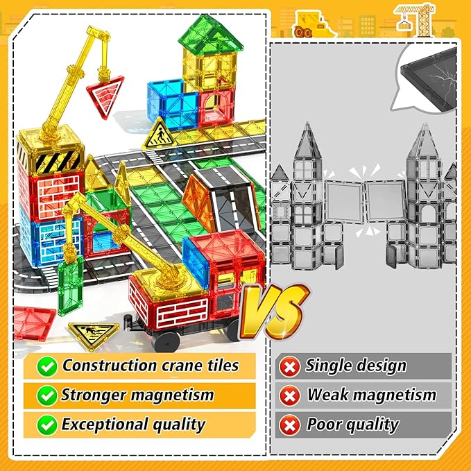 Magnetic Tiles Road Building Blocks - Magnet Crane Car Set for Kids Ages 3-5 4-8 5-7 Preschool City Construction Kids Games Dinosaur Toddler Toys for 3+ Year Old Boys Girls Christmas Birthday Gifts