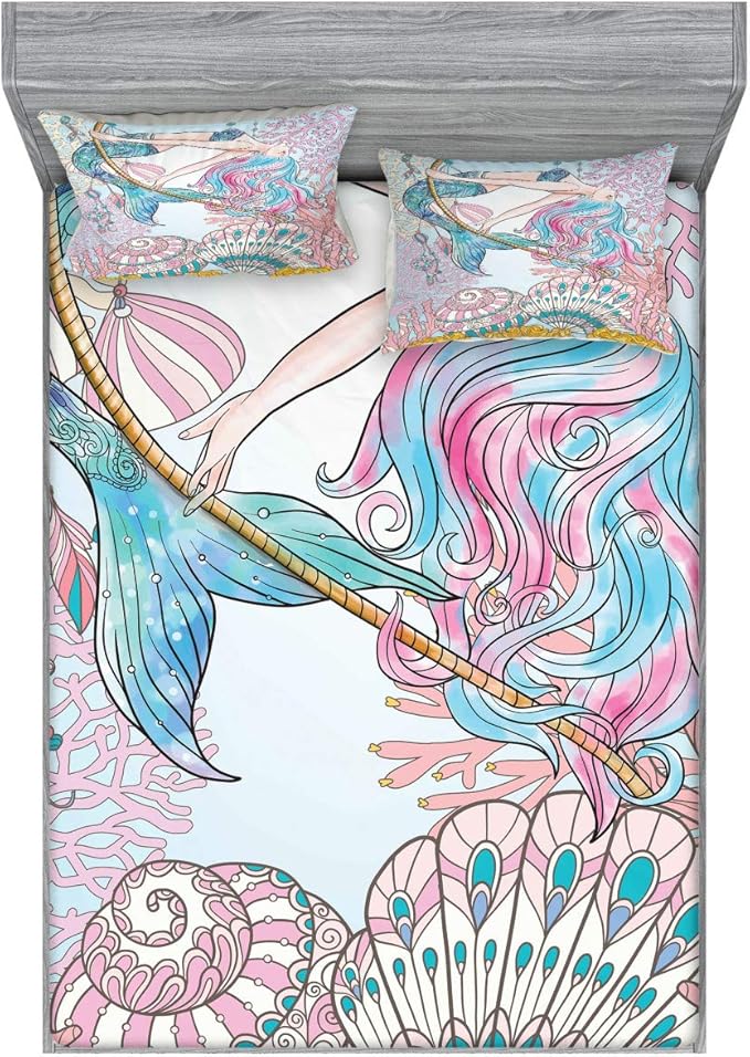 Ambesonne Mermaid Fitted Sheet & Pillow Sham Set, Cartoon Woman in Sea Sirens of Greek Myth Female Human Tail of Fish Image, Decorative Printed 3 Piece Bedding Decor Set, King, Pink Navy