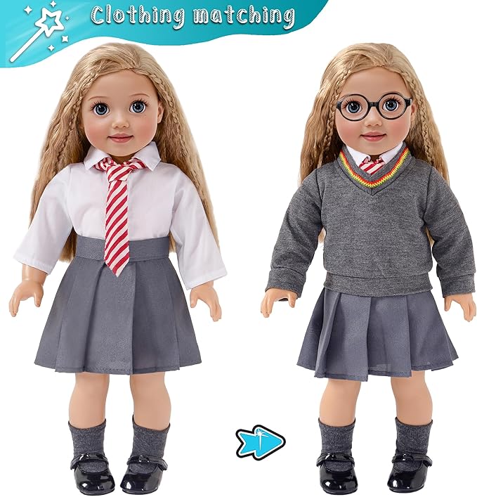 Magic School Uniform Inspired Halloween Costume Doll Clothes Clothing Outfits Accessories Set 10 Pcs for 18 inch Girl Dolls