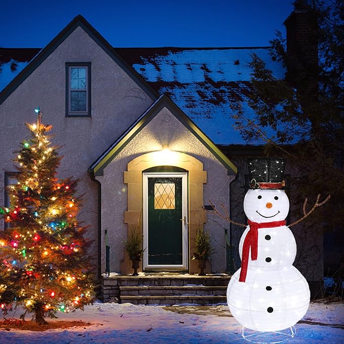 Outvita Outdoor Christmas Decorations 4ft Lighted Snowman, White Snowman with Twinkle Lights Red Scarf Black Hat, Foldable Snowman for Xmas Indoor and Outdoor Garden, Yard Decor