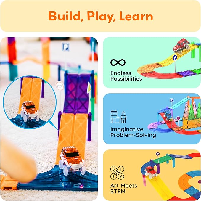 PicassoTiles 6 Piece Race Track Ramp Magnetic Building Block Set Magnet Tiles Construction Toy STEM Learning Kit Education Playset Playboard Pretend Play Stacking Blocks Child Brain Development PTR06