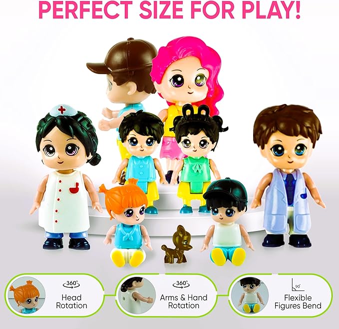 FUNERICA Dollhouse People Figures Playset - Dollhouse Family Little Play Figurines Doll House Accessories Toys -(Family Figures with Car, Pets, Doctor & Nurse)