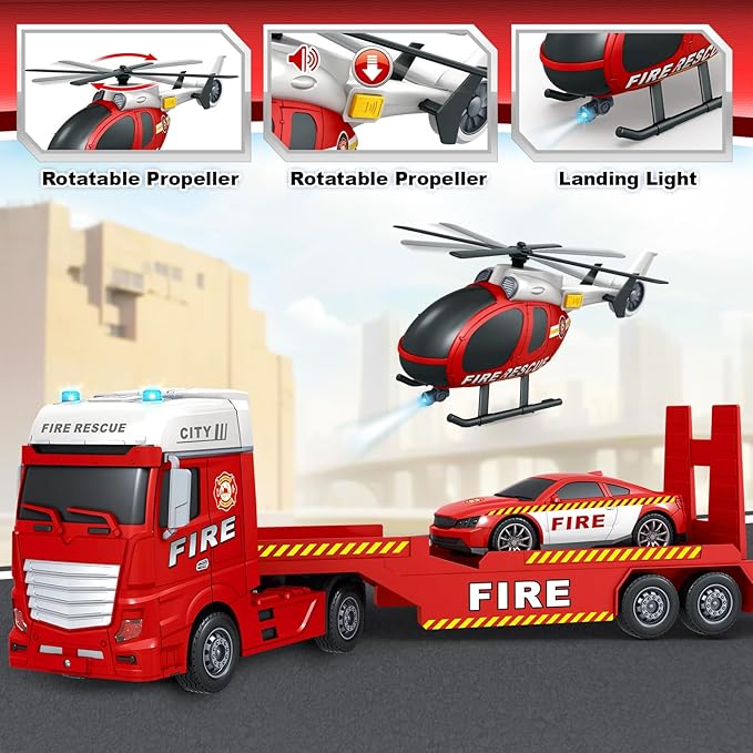SpringFlower Large Fire Truck Toy with Racing Car and Helicopter, 3 in 1 Lights & Sounds, Christmas & Birthday Gift for Kids 3-6 Years