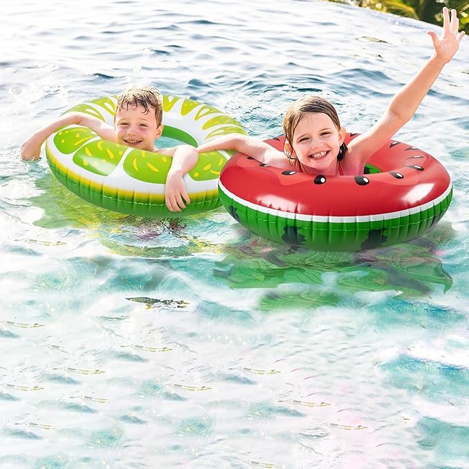 90shine 2PCS Fruit Pool Floats: Watermelon Lime Swimming Rings - Inflatable Tubes Floaties Toys for Kids Adults
