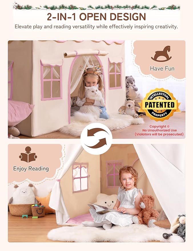 Besrey Kids Playhouse 2 in 1 With Padded Mat and Lights - Large Tent With 2 Doors & 4 Windows for Indoor & Outdoor Use - Christmas Toddler Gift, 51" x 35" x 51"
