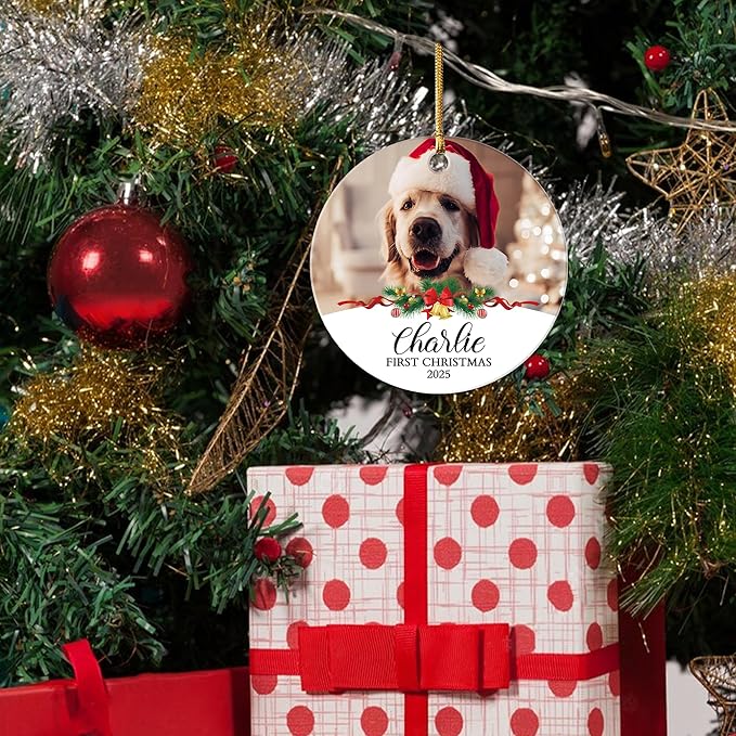 Personalized Puppy First with Photo & Name, Customized 2025 Dog Ornaments for Christmas Tree for Pet Lover, Christmas Holiday Pet Gifts, Dog Lovers Gifts for Christmas Tree Decoration