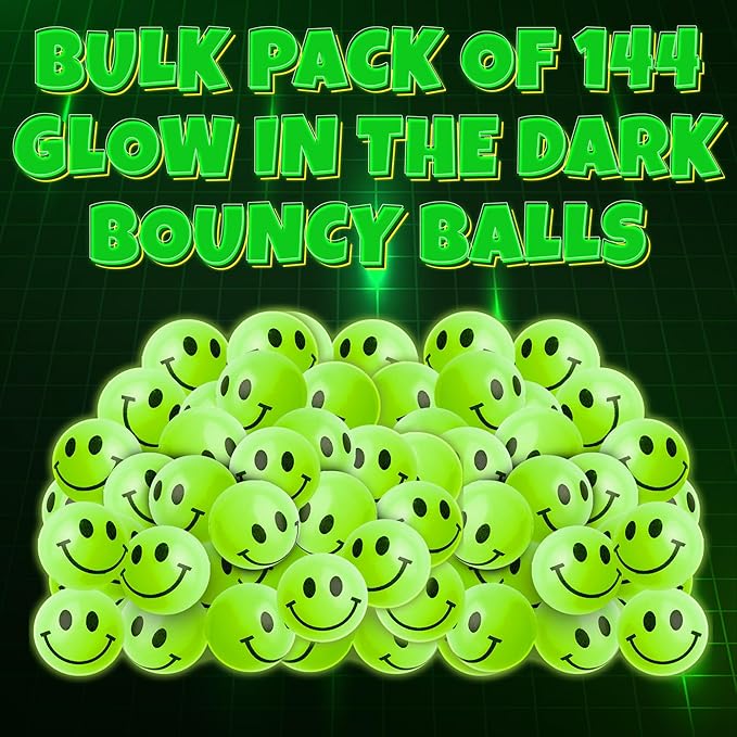 Bedwina Bulk Bouncy Balls Glow in The Dark - 144 Pcs (1inch / 27mm) Diameter, High Bouncing, Small Rubber Smile Face Bouncing Balls for Kids, Vending Machines, Party Favor