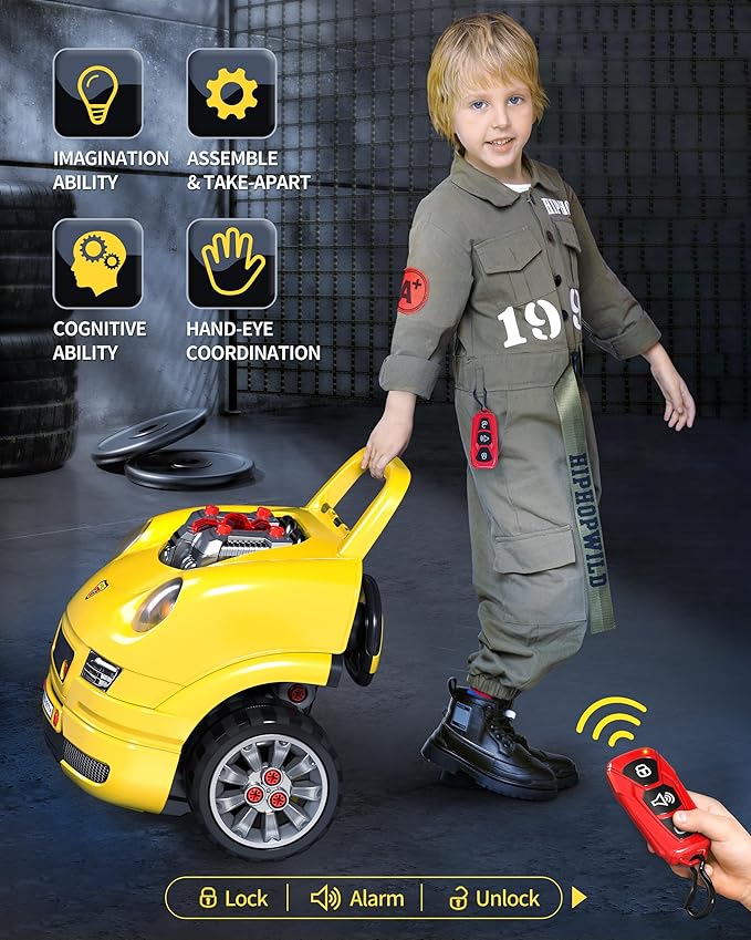 Deejoy Large Truck Builder Kit for Toddlers 3-5, Kids Mechanic Workshop Set with Light and Sound, Removable Engine, Yellow, 15.3x18.7inch