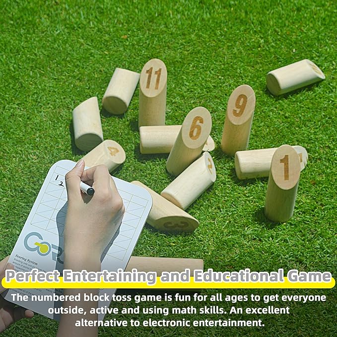 Gorock Numbered Block Toss Games, Wooden Bowling Throwing Game Set with Scoreboard & Carrying Bag, Giant Outdoor Backyard Lawn Games for Kids Adults Family