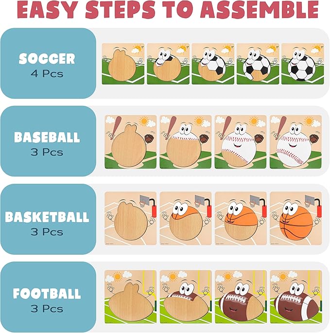 Wooden Puzzles for Toddlers 2-4 | Sports Puzzles | Wood Puzzles for Kids, Toddler Sports Toys for Toddlers, Basketball Toy, Football Toys, Baseball Toy, Soccer Toddler Puzzle 2 3 Year Old Boy