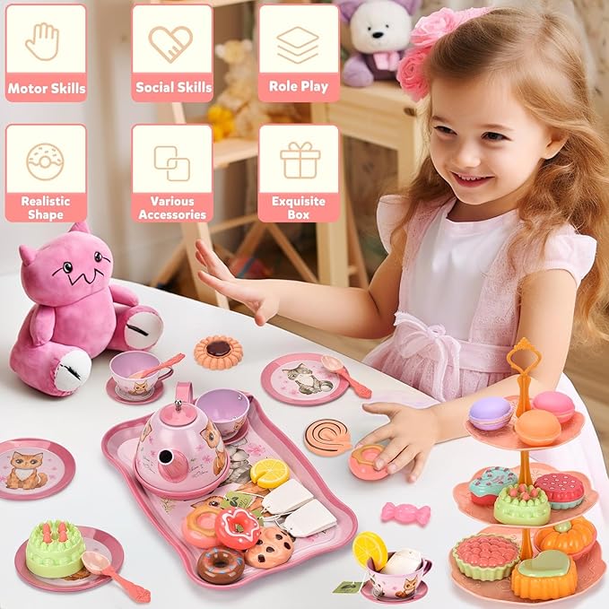 Cat Tea Party Set for Little Girls - Pretend Play Toy, Birthday Gift for Toddlers Ages 3 4 5 6 Year Old, Includes Kitten Tin Tea Set, Desserts, and Carrying Case, Cat Design