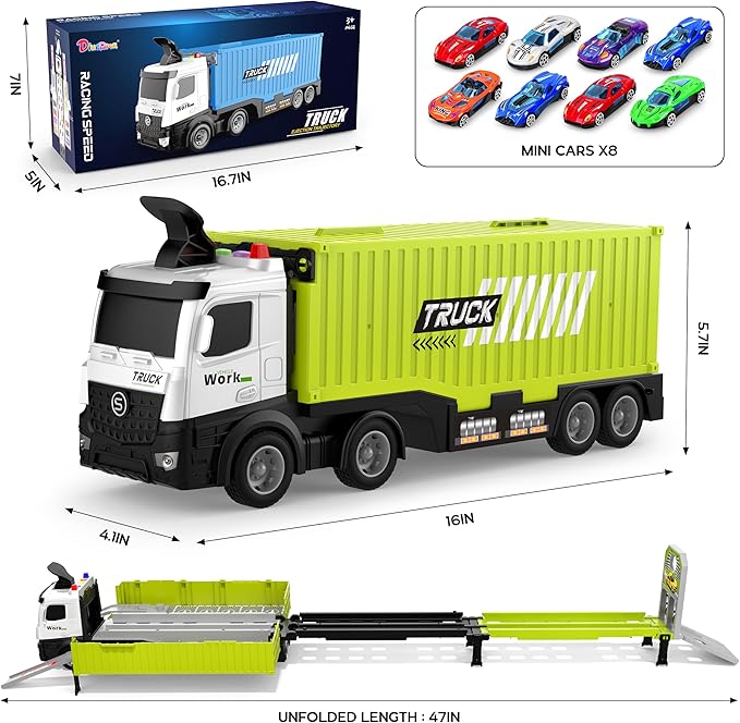 Carrier Truck Race Track Boys Toys, Foldable 3 Layer Toddler Track Playset, Toy Truck Transport Car Carrier & 8 Race Cars, Truck Car Kids Toys for Age 3 4 5 6+ Years Old Boys Girls
