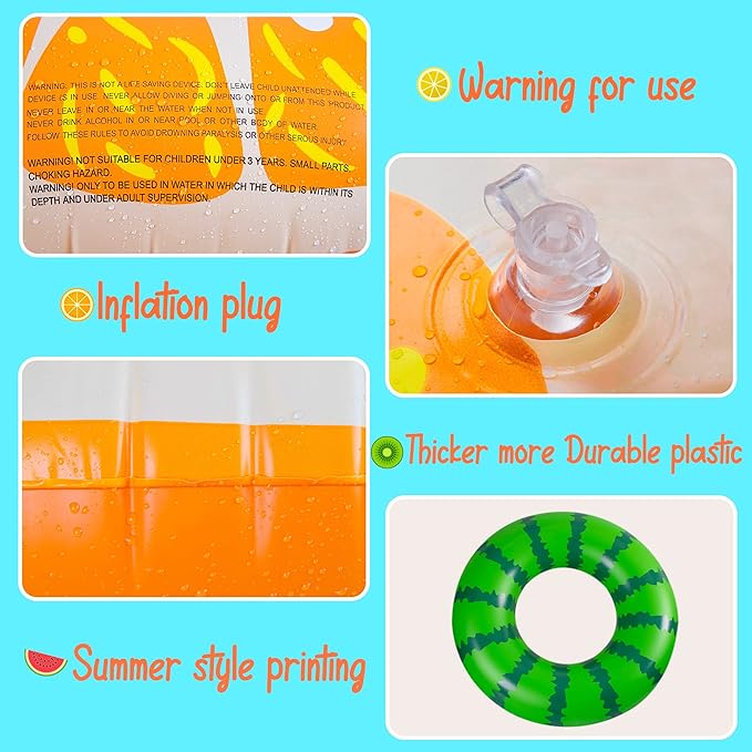 90shine 2PCS Fruit Pool Floats: Watermelon Lime Swimming Rings - Inflatable Tubes Floaties Toys for Kids Adults
