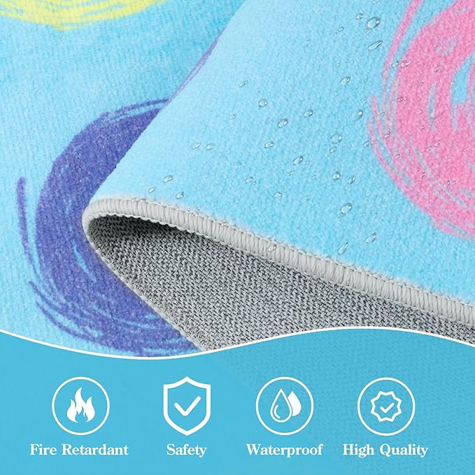 STARUIA Big Educational Area Rug Classroom Rugs for Elementary, 7.5x13 Abstract Blue Rug with Colorful Handpainted Circles, Stain-Resistant High-Traffic Kids Carpet for Playroom Home Learning