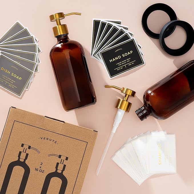 16oz Glass Soap Dispenser with Stainless Steel Pump, 21 Waterproof Labels, Non-Slip Protective Silicone Pad, Set of 2 for Bathroom & Kitchen (Amber Bottle/Brushed Gold Pump)