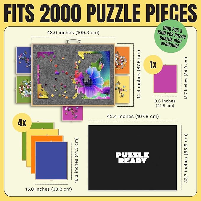 Puzzle Ready Large 2000-Piece Puzzle Board - 41" x 32" Puzzle Table with 5 Colorful Drawers, Cover Mat, Felt Workspace & Carrying Handle – Ideal Game Table for Adults & Children