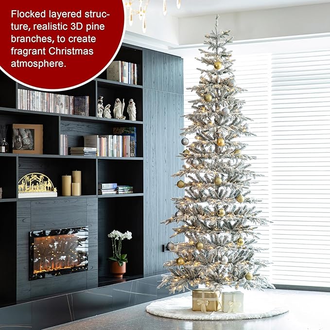 Glitzhome Prelit Christmas Tree, 10ft Artificial Christmas Tree with Easy Assembly Metal Stand, Deluxe Flocked Christmas Tree Majestic Frostfall Fir with 700 Warm White Lights for Holiday Decoration