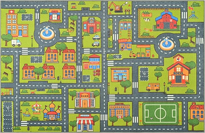 Merelax 5x8 Kids Car Rug Grey Green Area Rugs for Living Room Playroom Classroom Bedroom, Large Non Slip Kids Play mat Washable Rug, Educational City Traffic Road Map Fun Car Carpet for Ages 3-12