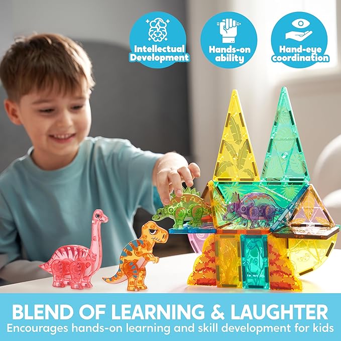 SYNCFUN Magnetic Building Tiles Dinosaur Set for Kids, 50PCS Including 5 Cute Dinosaurs, Educational STEM Toy for Boys & Girls Ages 3-5 4-8, Christmas Birthday Party Gift for Toddlers