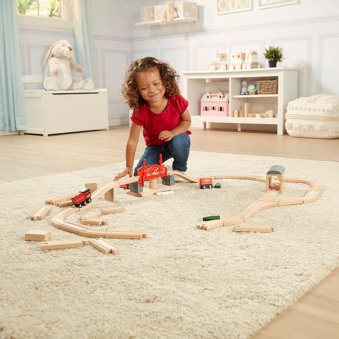 Melissa & Doug Swivel Bridge Wooden Train Set (47 pcs) - Wooden Train Set For Kids Ages 3+