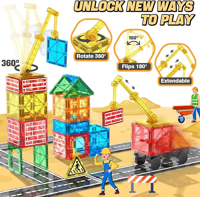 Magnetic Tiles Road Building Blocks - Magnet Crane Car Set for Kids Ages 3-5 4-8 5-7 Preschool City Construction Kids Games Dinosaur Toddler Toys for 3+ Year Old Boys Girls Christmas Birthday Gifts