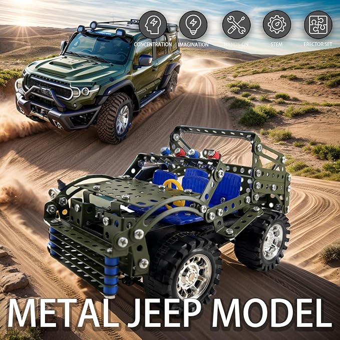 Metal Model Car Kits - 283 Pcs Erector Sets for Boys Age 8-12, Building Toys, STEM Kits for Kids Age 8-10, Assembly Jeep Project Army Toys for Ages 14 and Up, Gifts for 15 16 Year Old Boys and Adults