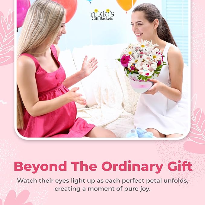 Deluxe Baby Blossom Clothing Bouquet | Newborn Baby Girl Gift Set | Gift for Expecting Moms and Gender Reveals | New Baby Gift Basket | Pink Baby Gift Set | Baby Girl Outfits | Nikki's Gift Baskets