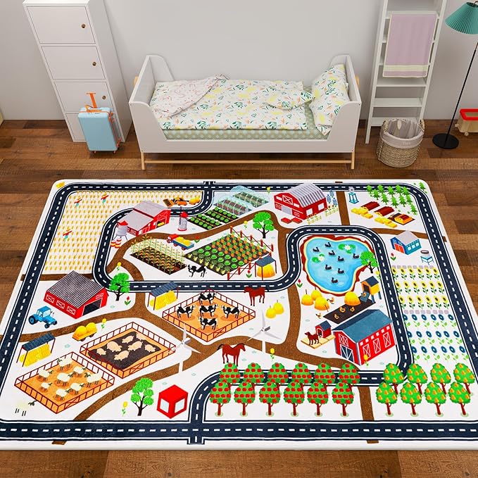 Kids Rug Play Mat for Toy Cars, 59"×78.7" Farm Life Road Traffic for Playroom Kids Car Road Rugs Village Map Play Mat Non-Slip Washable Play Rug for Toddlers Boys Room Family Tummy Time Playtime White