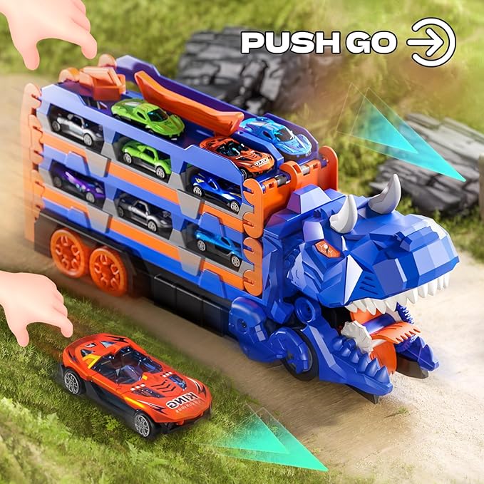 Toddler Car Truck Toys Gifts for 3 4 5 Years Old Boys, Toy Cars Track Set Dinosaur Transport Truck with 12 Pcs Die-Cast Cars Toys, Transforms into Dino, Toy Gifts for 3 4 5 6 Year Old Boys