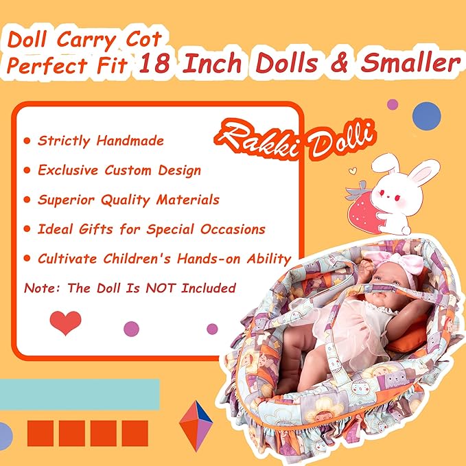 Doll Carry Cot Set Doll Carrier Soft Basket Bassinet, Includes 1 Cot and 1 Pillow, Orange Cartoon Doll Bassinet, Fits for 18-inch American Girl Dolls